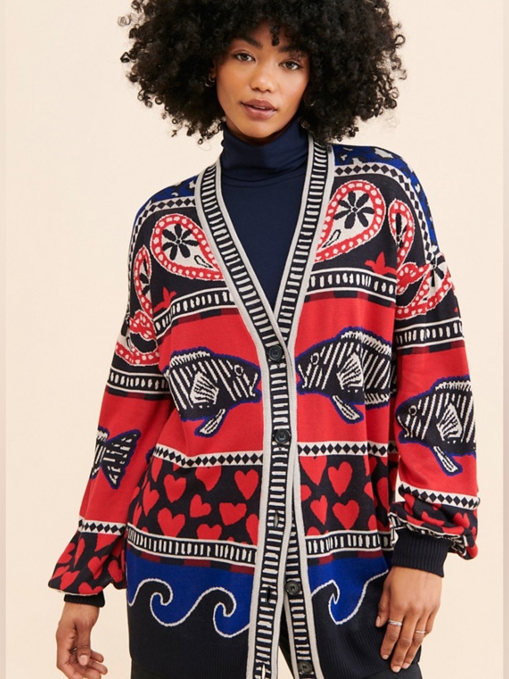 FARM Rio NAVY Mixed Prints Knit Cardigan, NAVY Mixed Prints FISH MULTI Size S